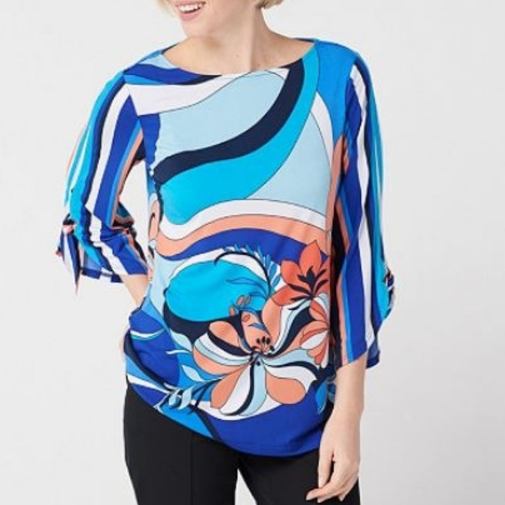 Susan Graver Printed Liquid Knit Top w Tie Sleeves